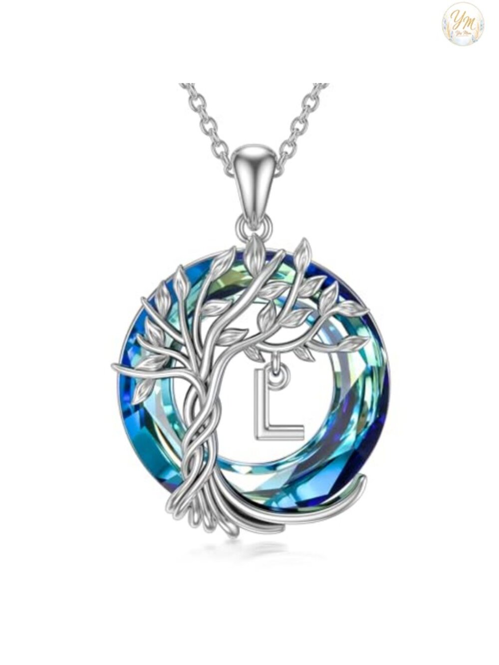 Tree of Life Initial Necklace 925 Sterling Silver Pendant with Blue Crystal